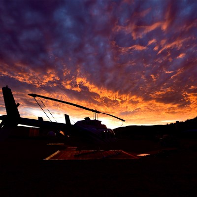 a view of a city at sunset