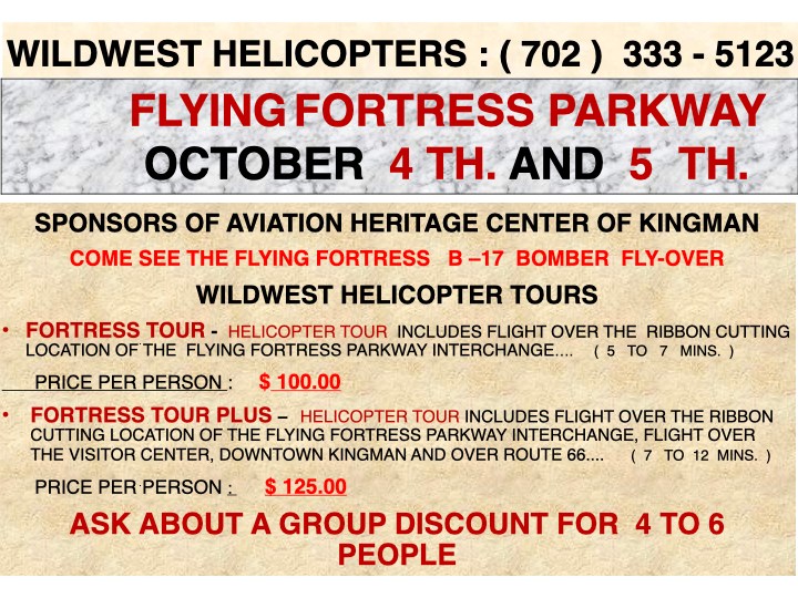 Flying Fortress Parkway event poster for October 4th-5th, featuring helicopter tours and B-17 flyover.